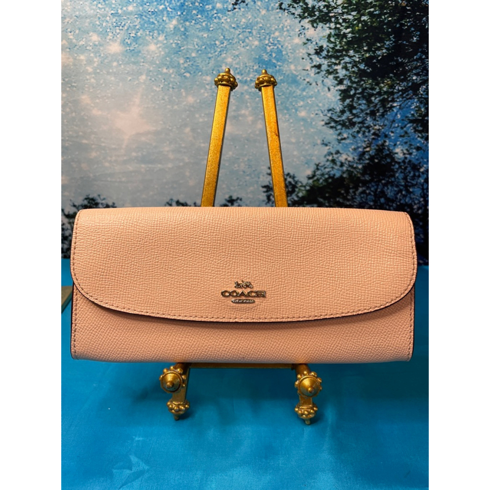 Coach Peach Leather Long Wallet Peach with Brown Trim Excellent Condition